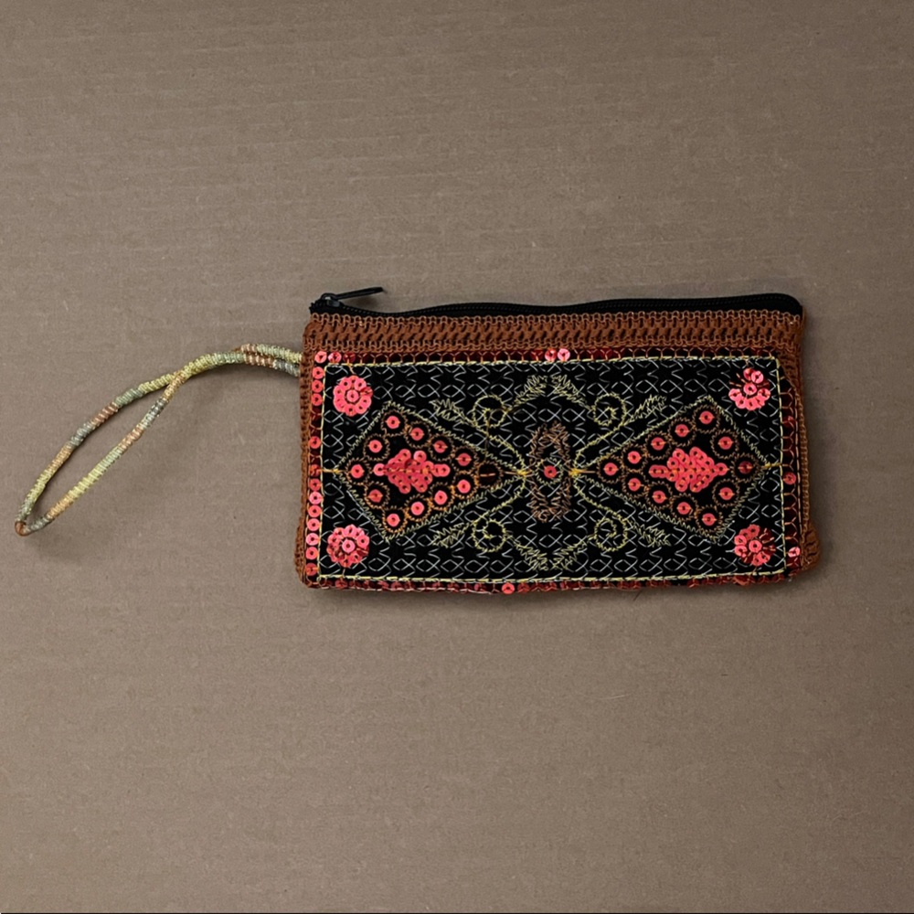Embroidered Black and Pink Clutch